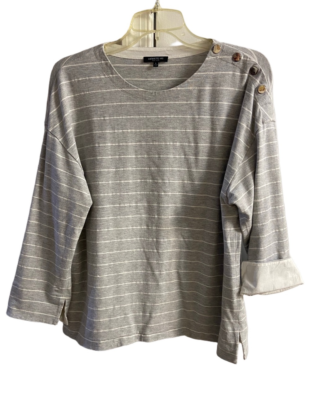 Lafayette 148 NY Striped Button Shoulder Top 3/4 Sleeve Knit Pullover Large